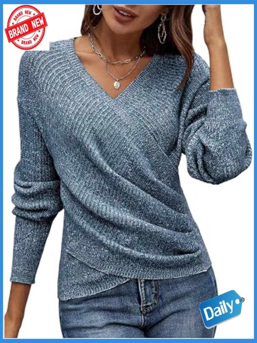 Women's V Neck Long Sleeve Off Shoulder Wrap Ruched Pullover Sweater Top